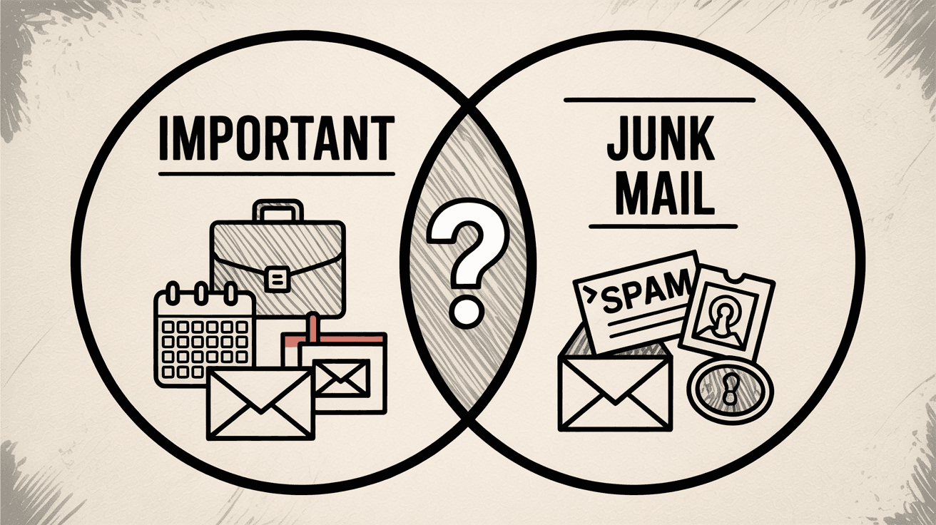 Professional illustration showing Venn diagram separating important business emails from junk mail and spam, depicting email type breakdown